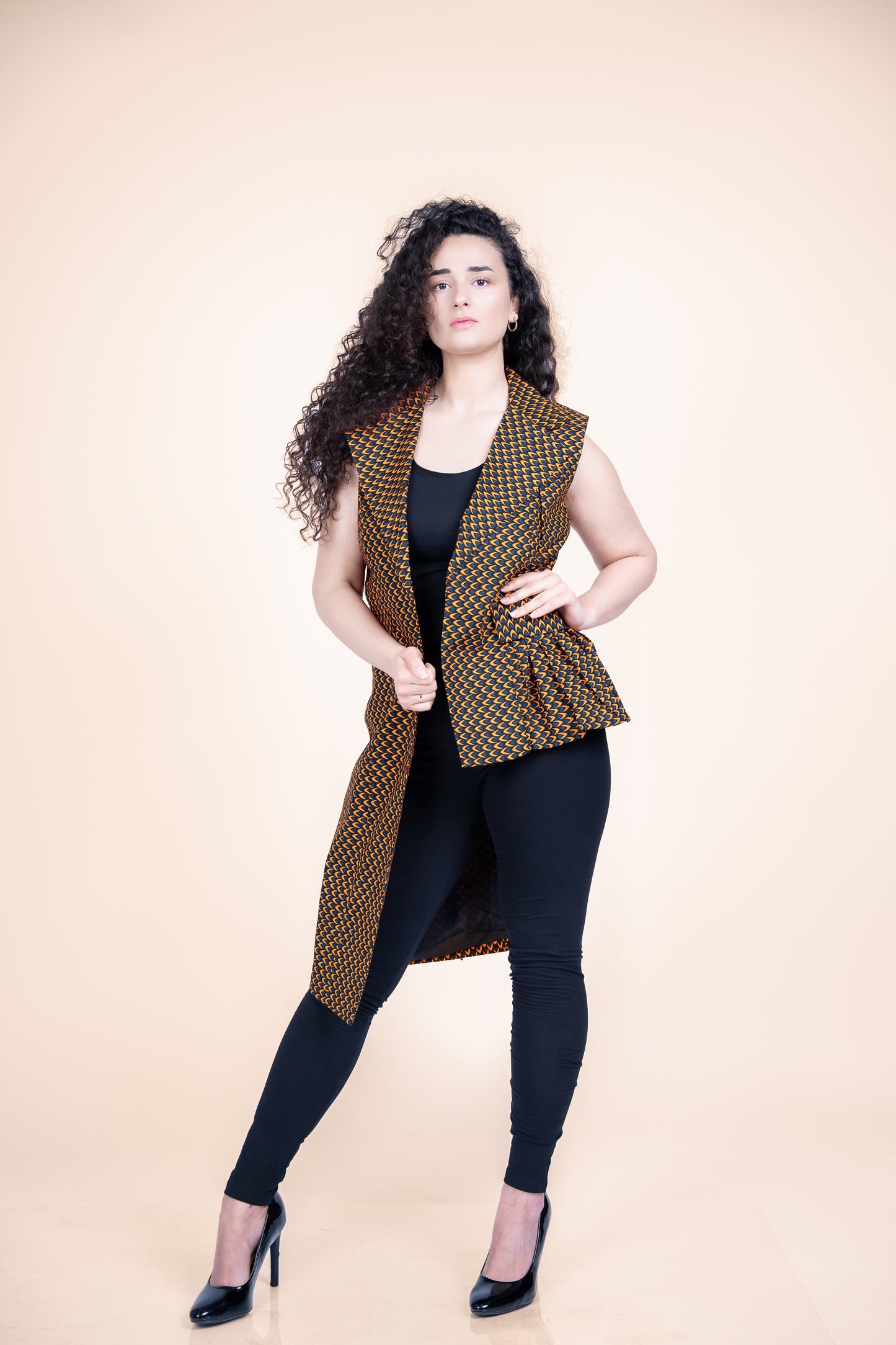 Orange and black sleeveless Ankara Kimono