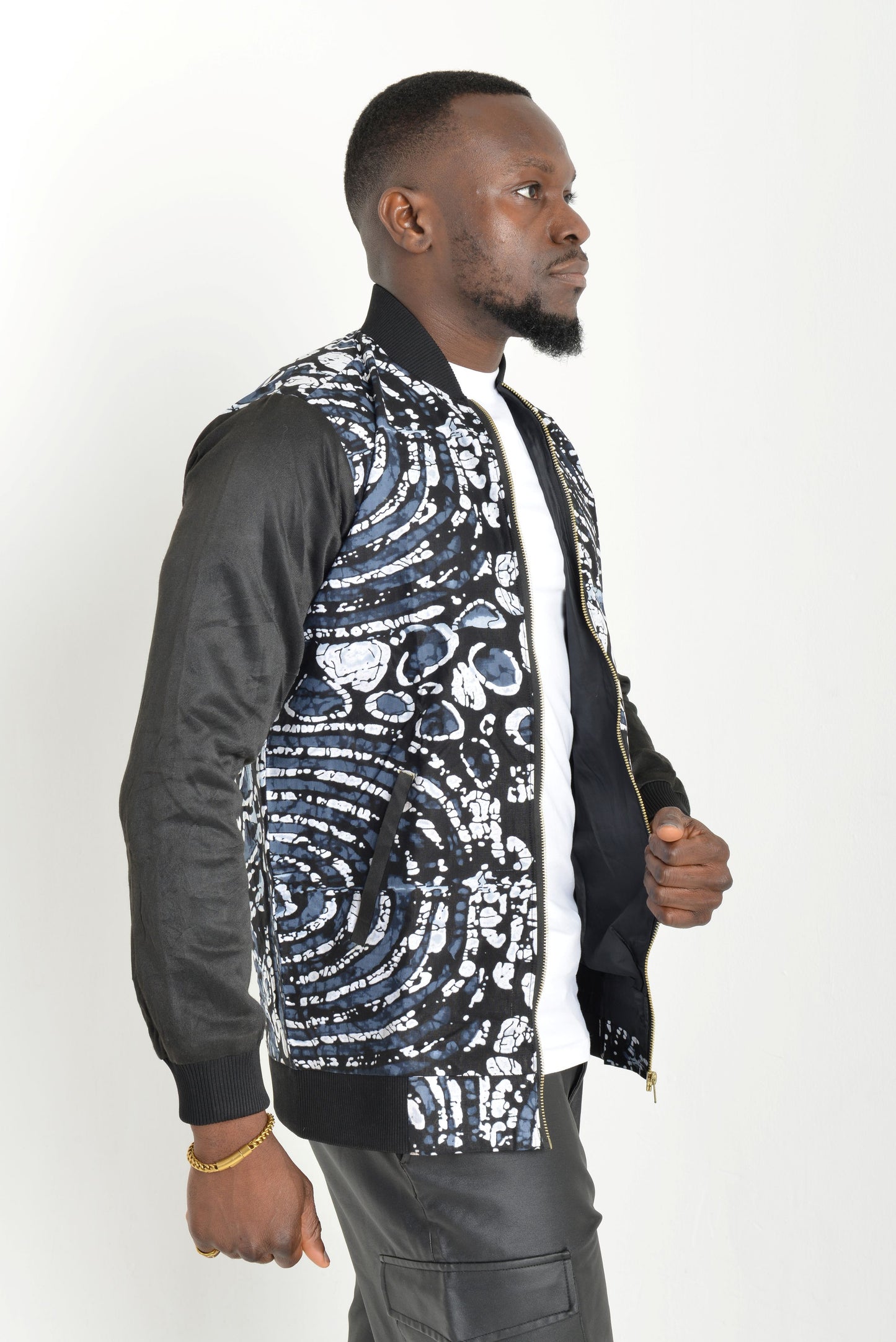 Monochrome Ankara Print Bomber Jacket | Contemporary Streetwear