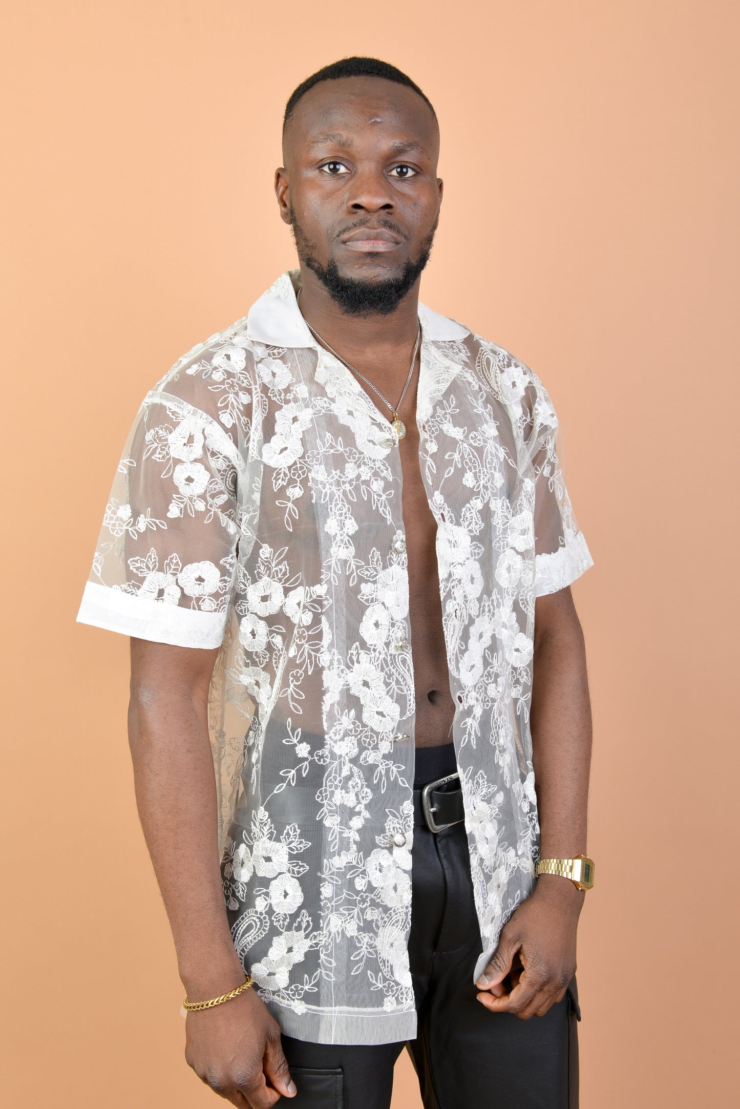 White Floral Pattern Mesh shirt