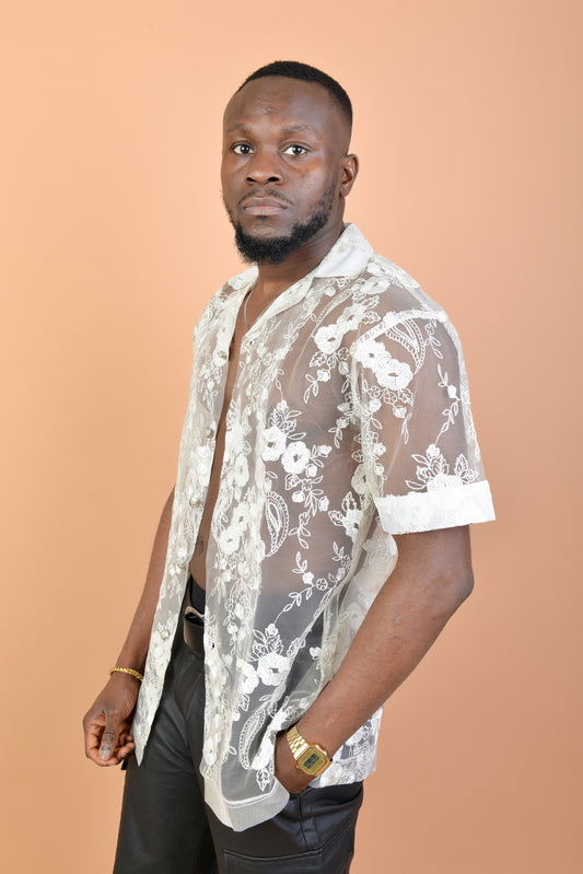 White Floral Pattern Mesh shirt