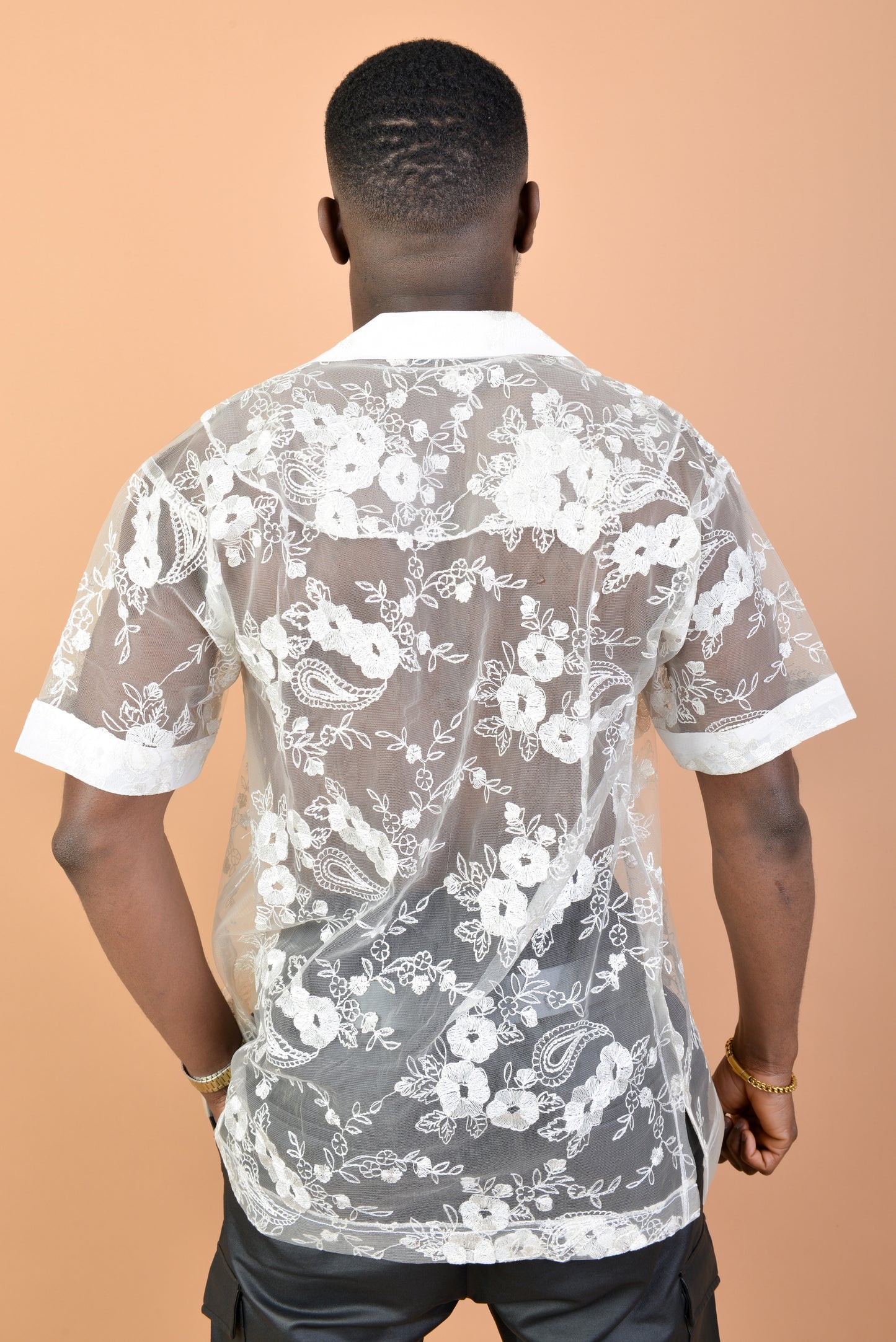 White Floral Pattern Mesh shirt
