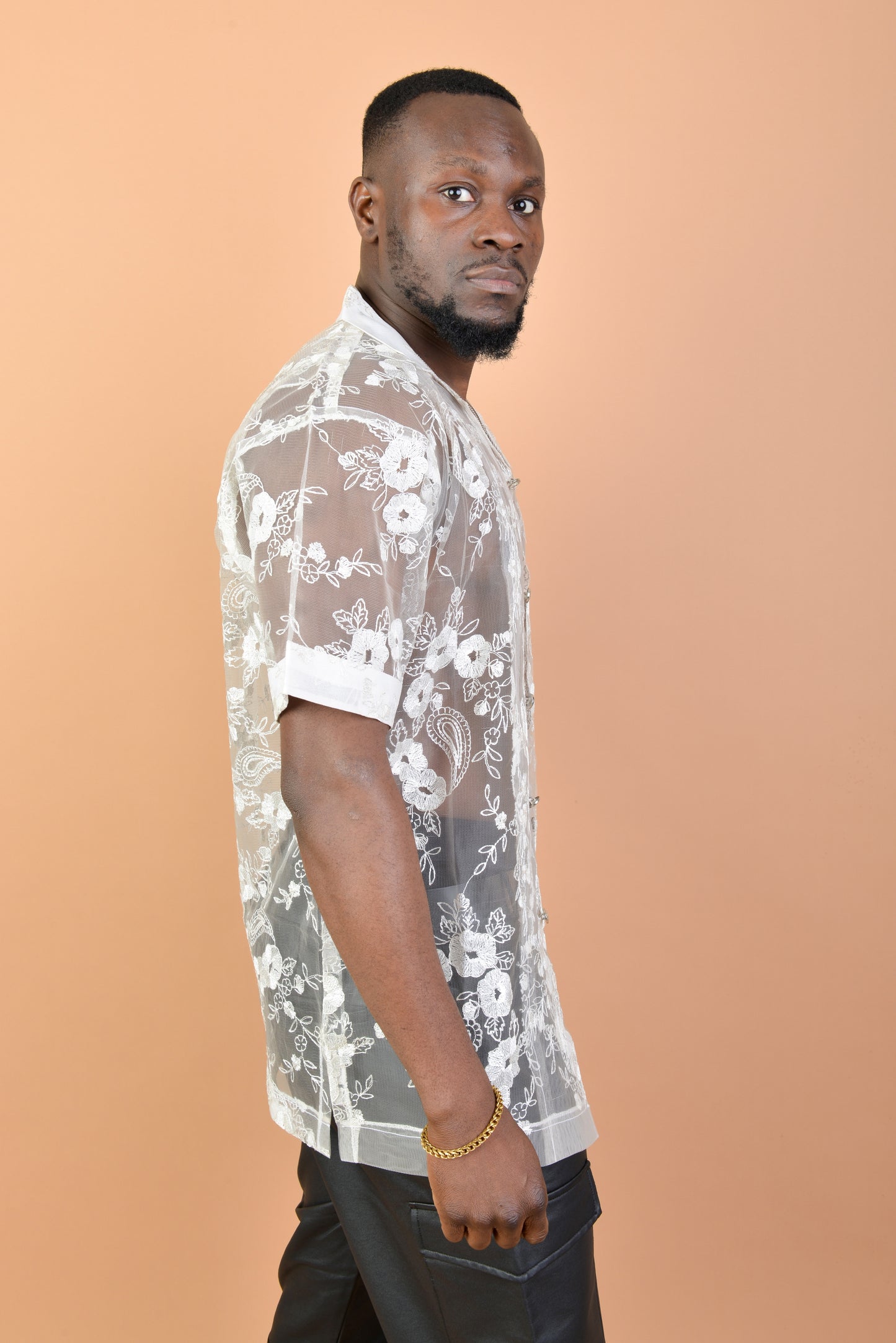 White Floral Pattern Mesh shirt