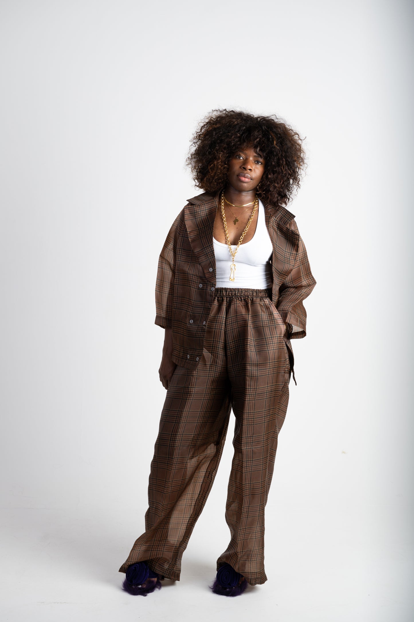 Brown Checkered Two-Piece Set – Oversized Shirt & Wide-Leg Trousers