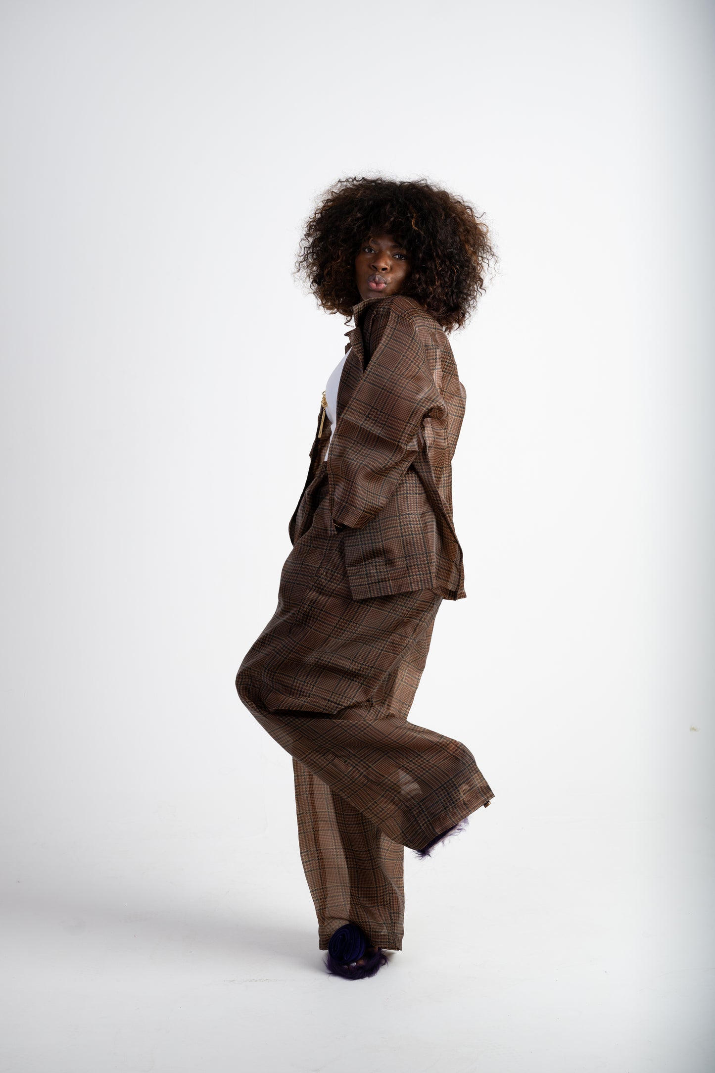 Brown Checkered Two-Piece Set – Oversized Shirt & Wide-Leg Trousers