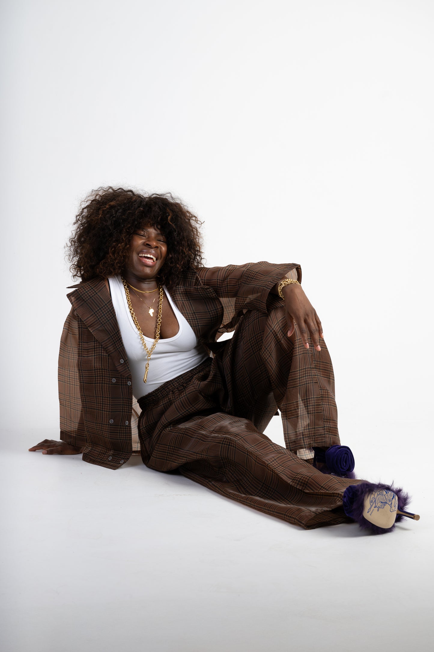 Brown Checkered Two-Piece Set – Oversized Shirt & Wide-Leg Trousers