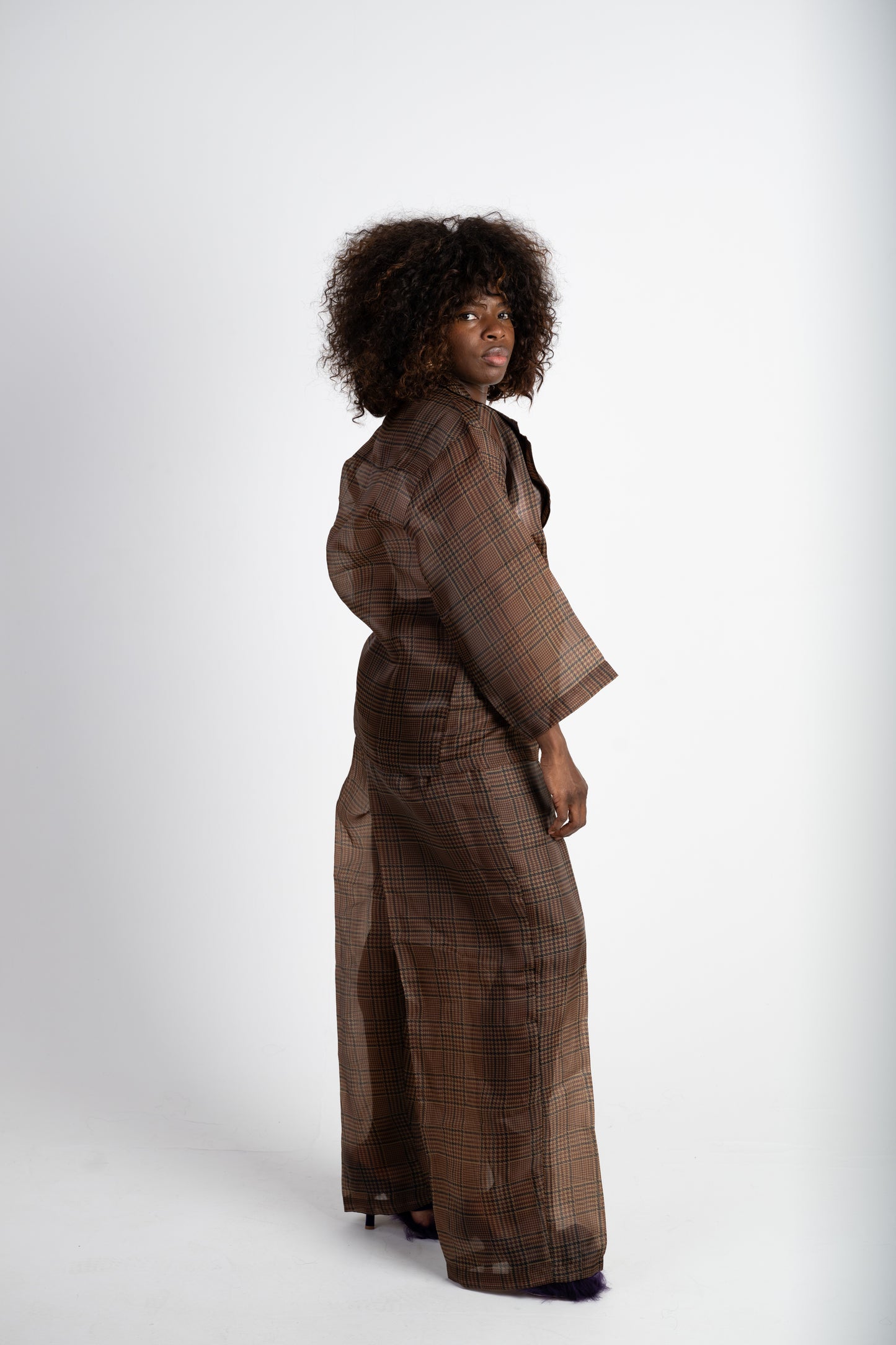 Brown Checkered Two-Piece Set – Oversized Shirt & Wide-Leg Trousers