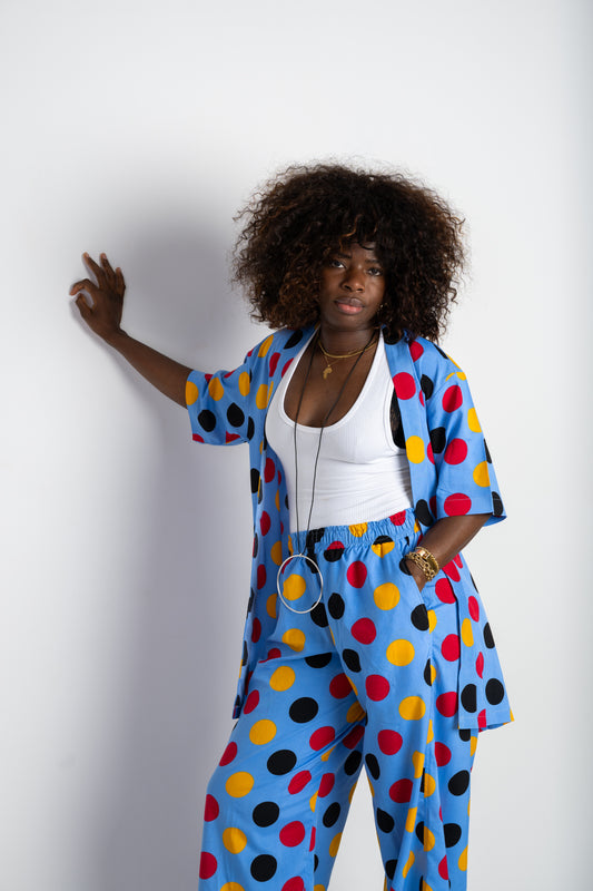Polka Dot Two-Piece Set – Kimono Shirt & Wide-Leg Trousers