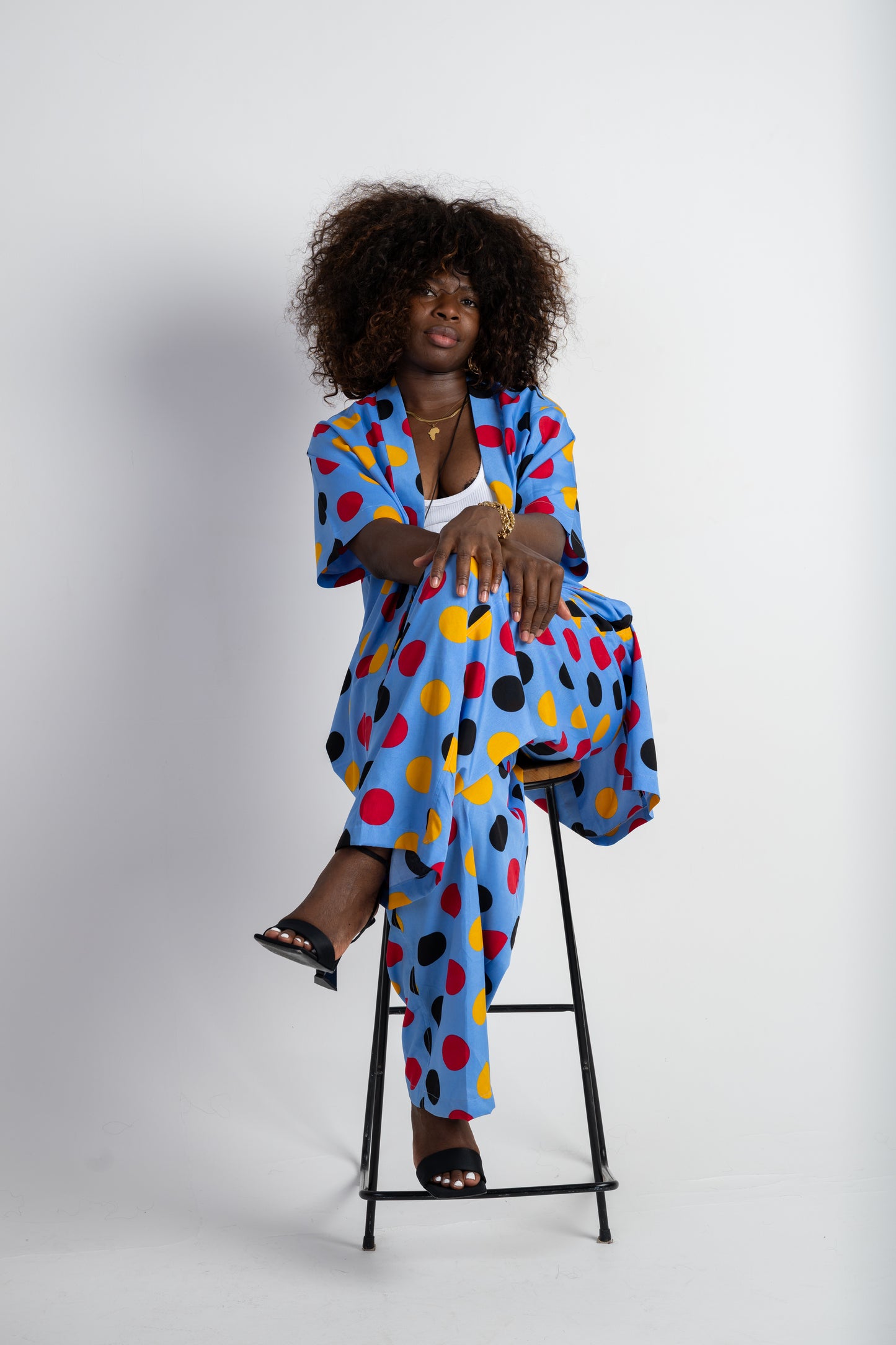 Polka Dot Two-Piece Set – Kimono Shirt & Wide-Leg Trousers