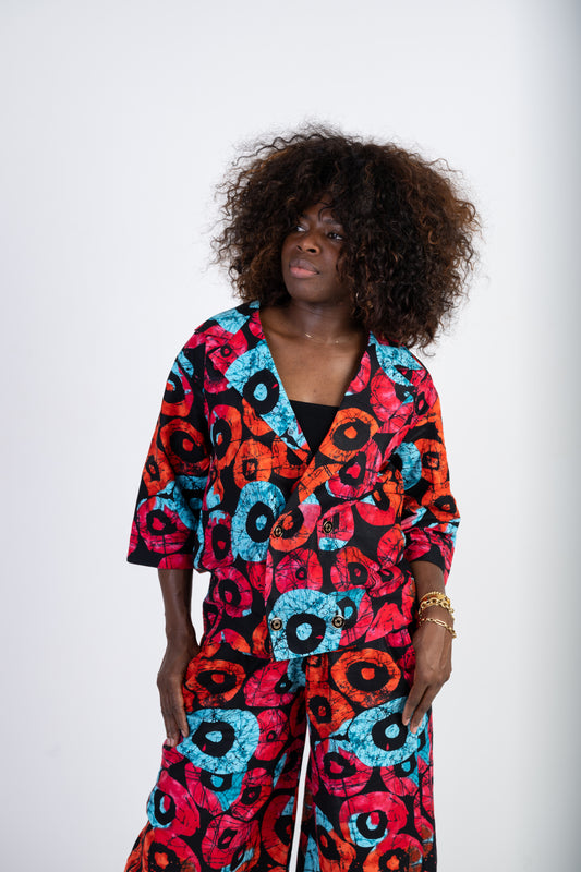 Vibrant Circle Print Two-Piece Set – Wide-Leg Trousers