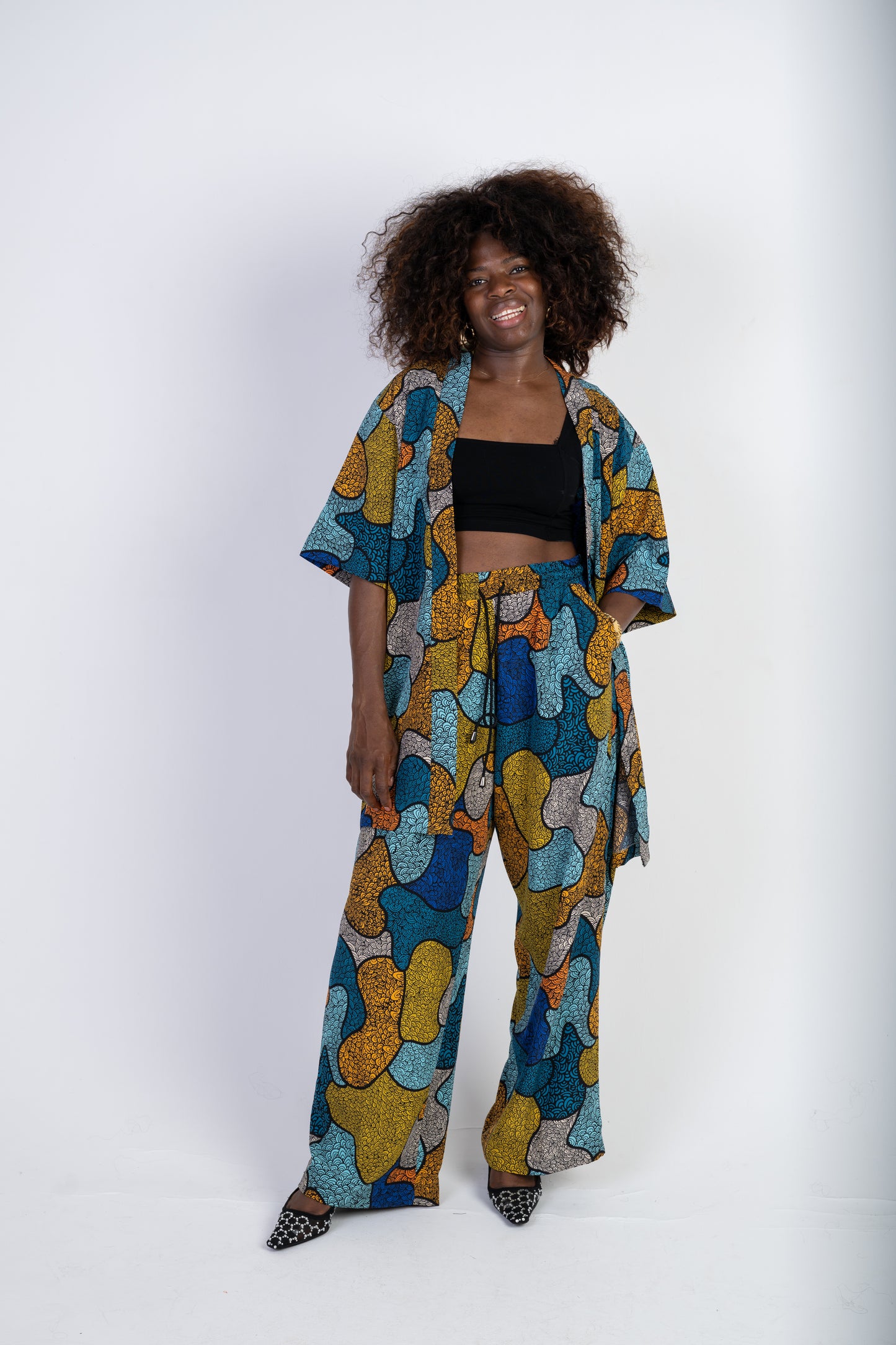 Abstract Print Two-Piece Set – Kimono Shirt & Wide-Leg Trousers