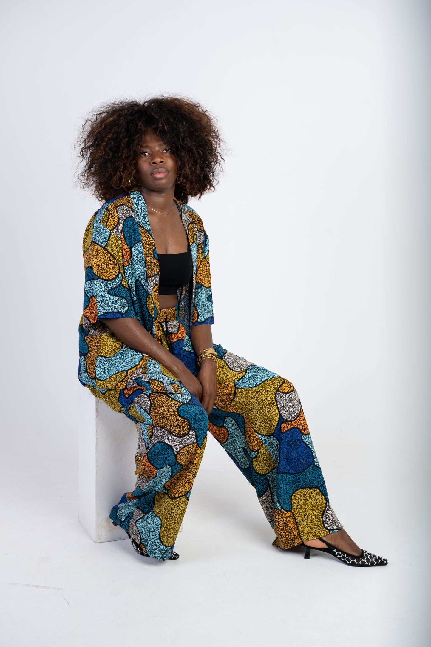Abstract Print Two-Piece Set – Kimono Shirt & Wide-Leg Trousers