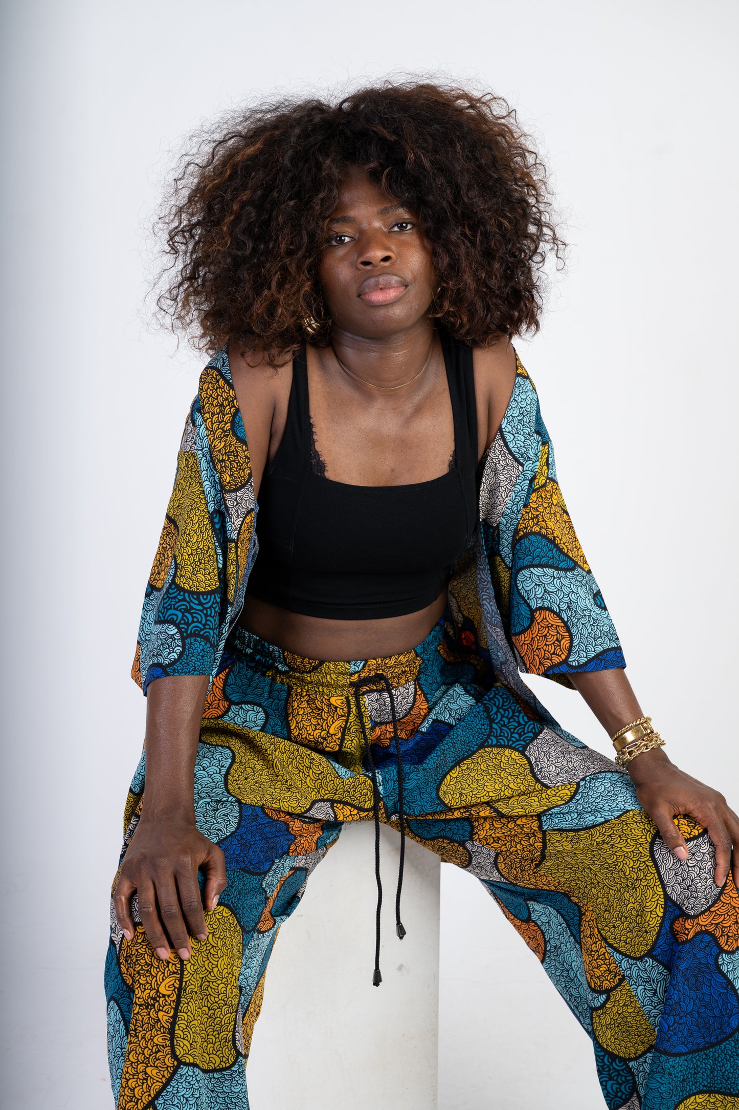 Abstract Print Two-Piece Set – Kimono Shirt & Wide-Leg Trousers