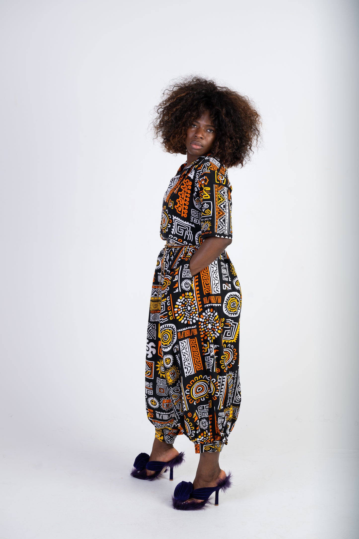 Tribal Print Two-Piece Set – Relaxed Shirt & Cropped Balloon-Leg Trousers