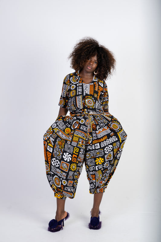 Tribal Print Two-Piece Set – Relaxed Shirt & Cropped Balloon-Leg Trousers
