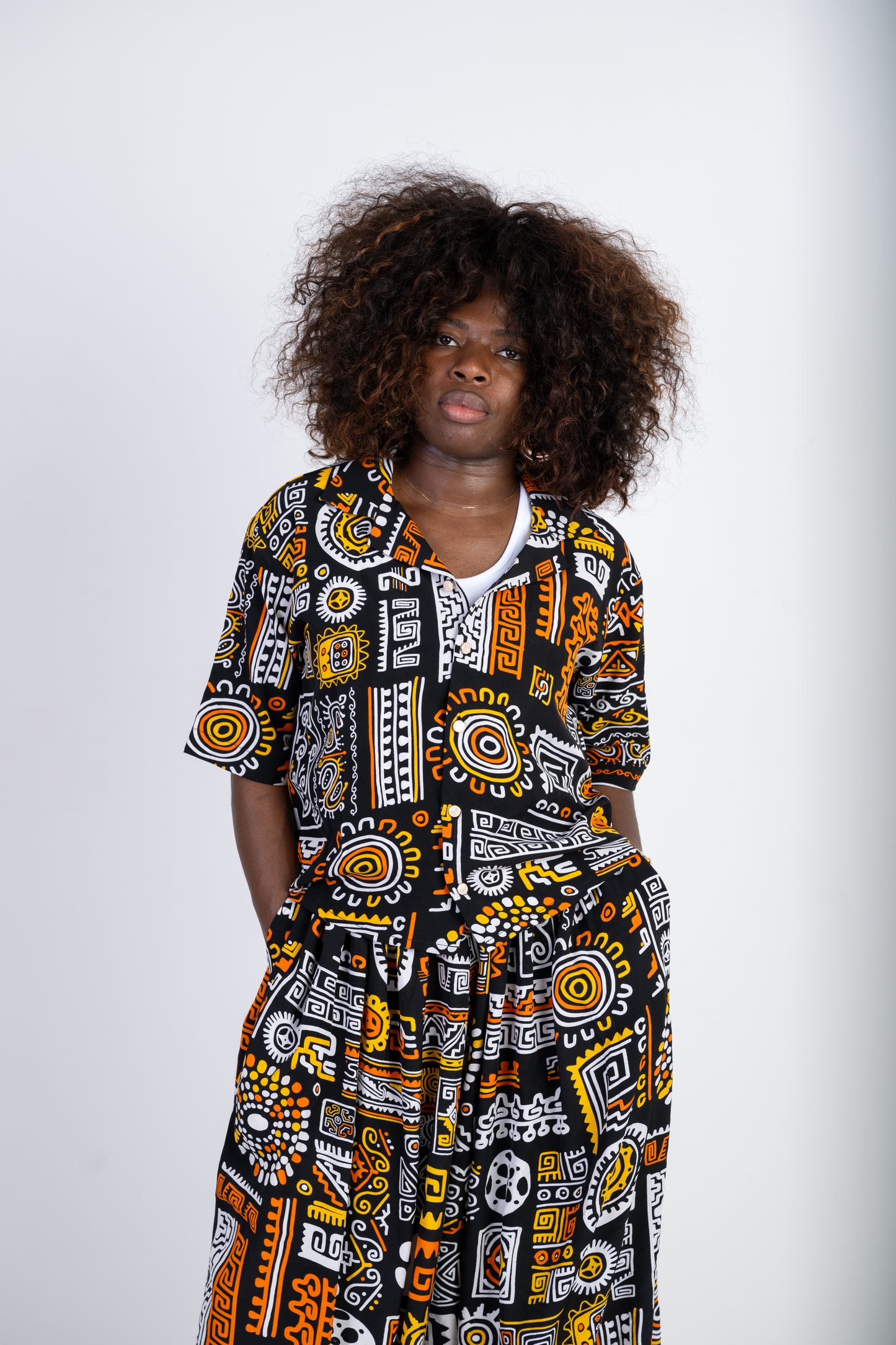 Tribal Print Two-Piece Set – Relaxed Shirt & Cropped Balloon-Leg Trousers