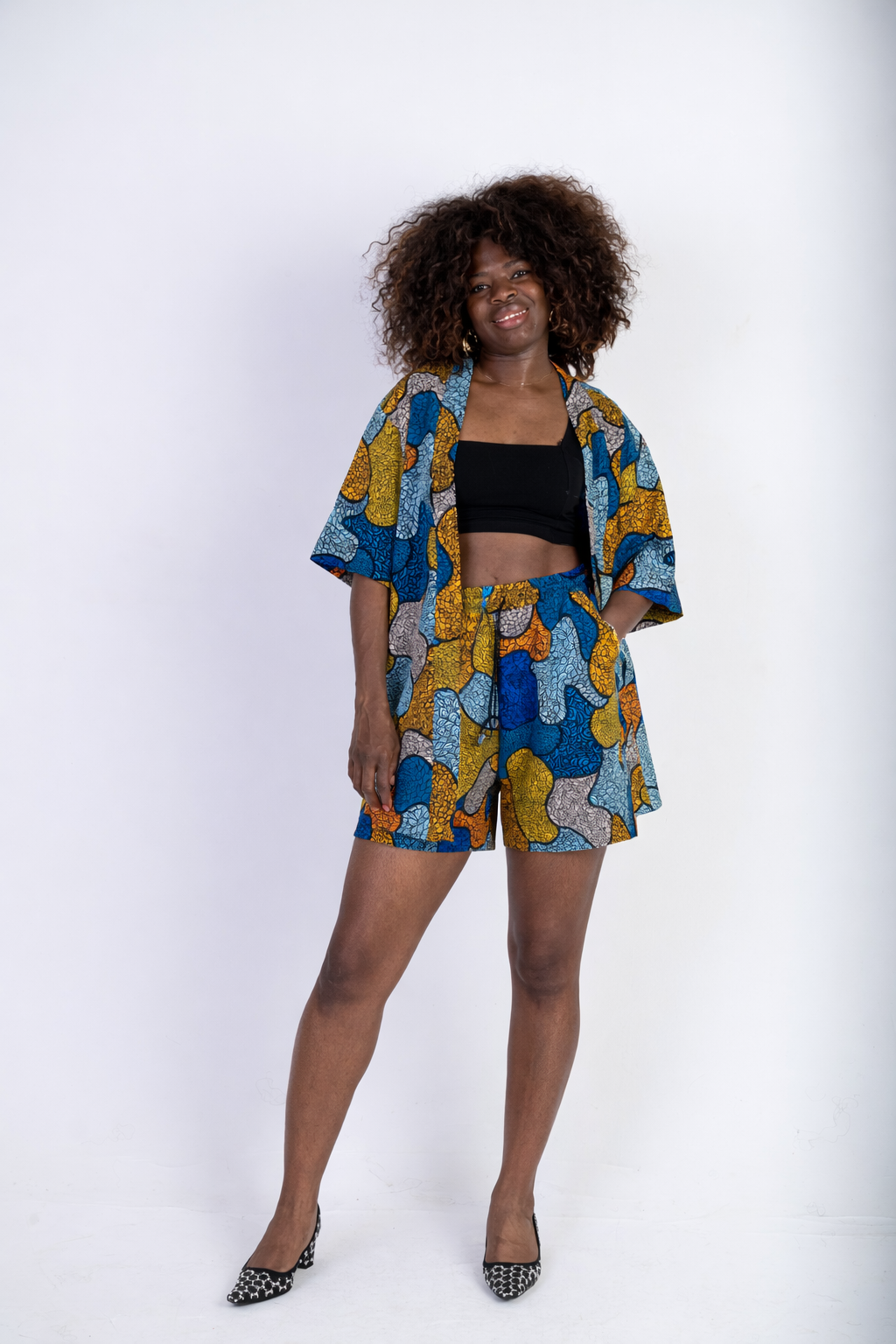 Two-Piece Set – Abstract Print Kimono Shirt & Shorts