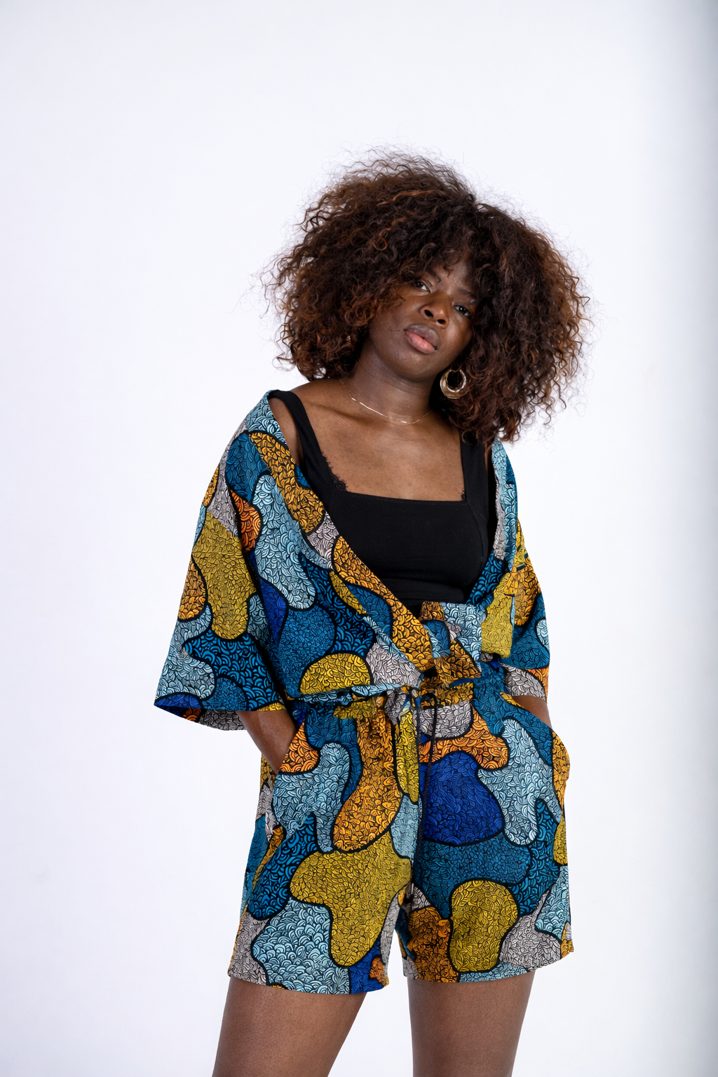 Two-Piece Set – Abstract Print Kimono Shirt & Shorts