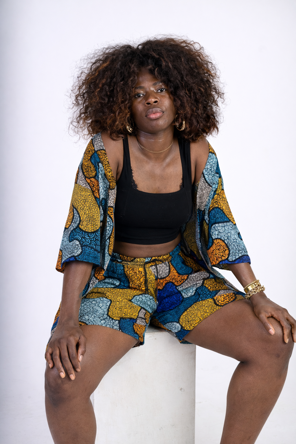 Two-Piece Set – Abstract Print Kimono Shirt & Shorts