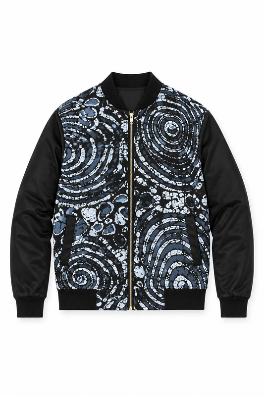 Monochrome Ankara Print Bomber Jacket | Contemporary Streetwear