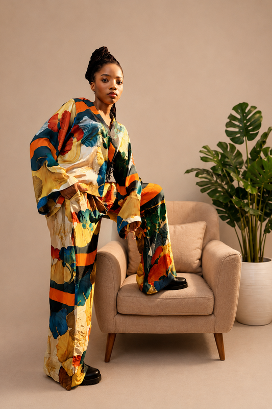 Verdant Sunset Bloom Satin Set | Contemporary Luxury Womenswear