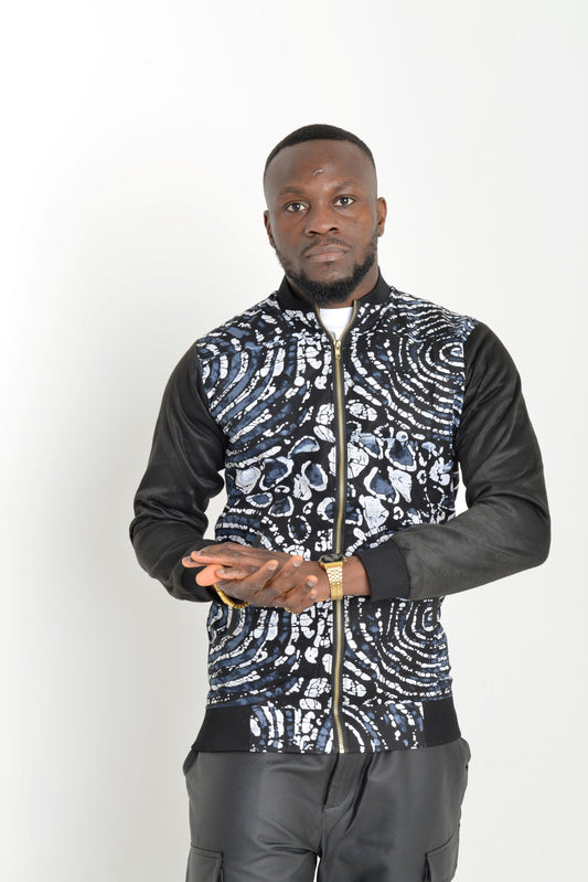 Monochrome Ankara Print Bomber Jacket | Contemporary Streetwear