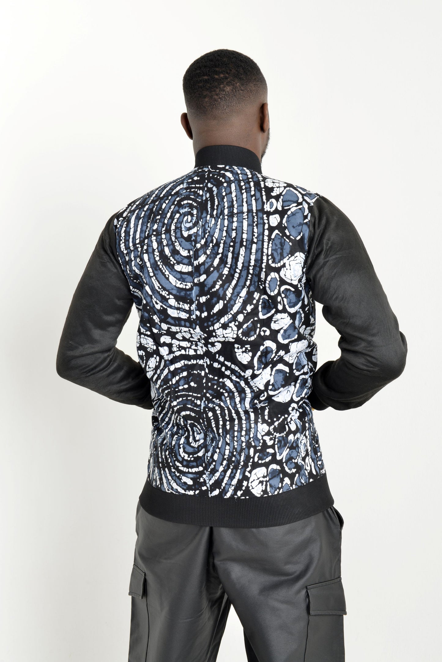 Monochrome Ankara Print Bomber Jacket | Contemporary Streetwear