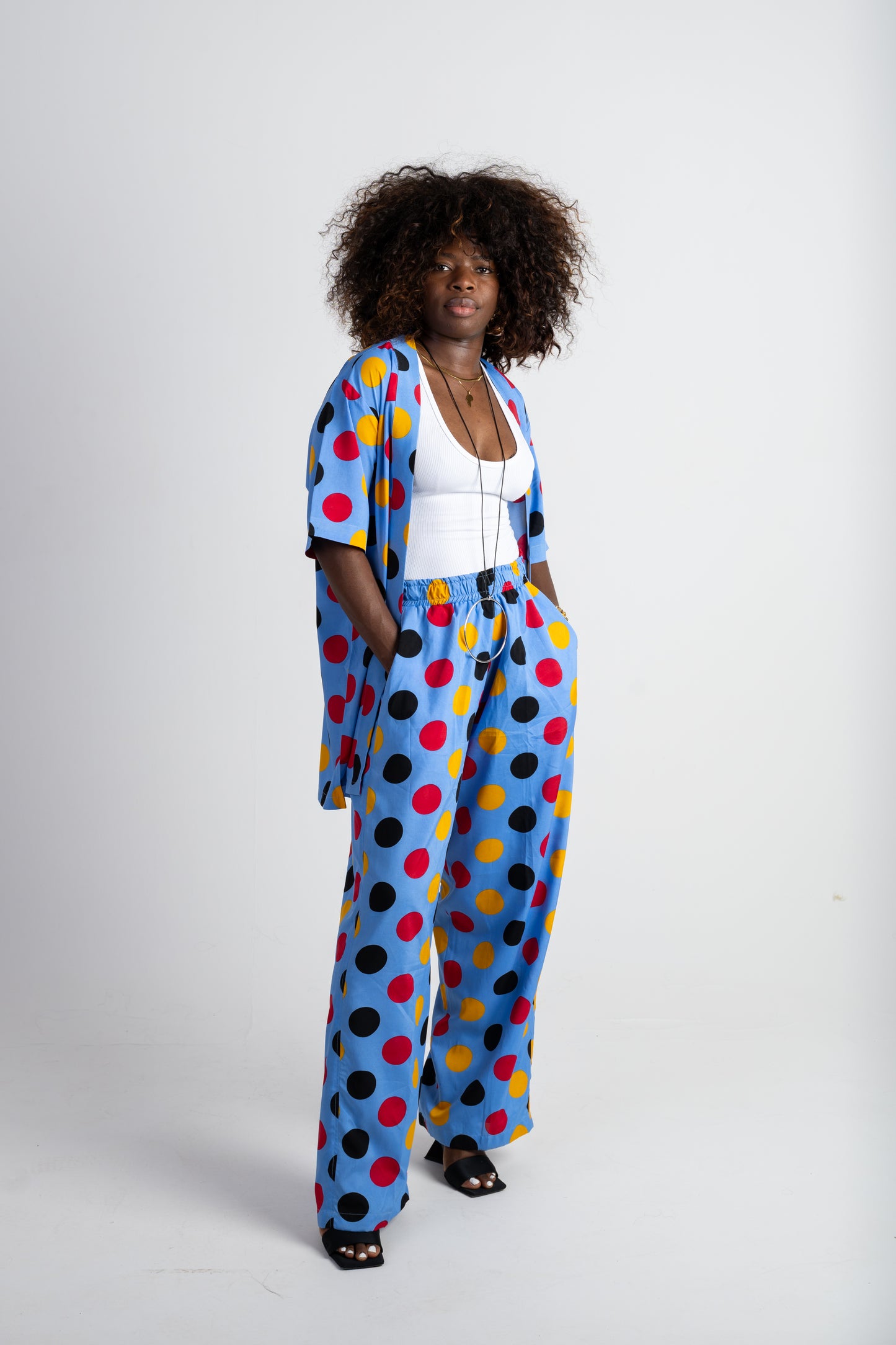 Polka Dot Two-Piece Set – Kimono Shirt & Wide-Leg Trousers