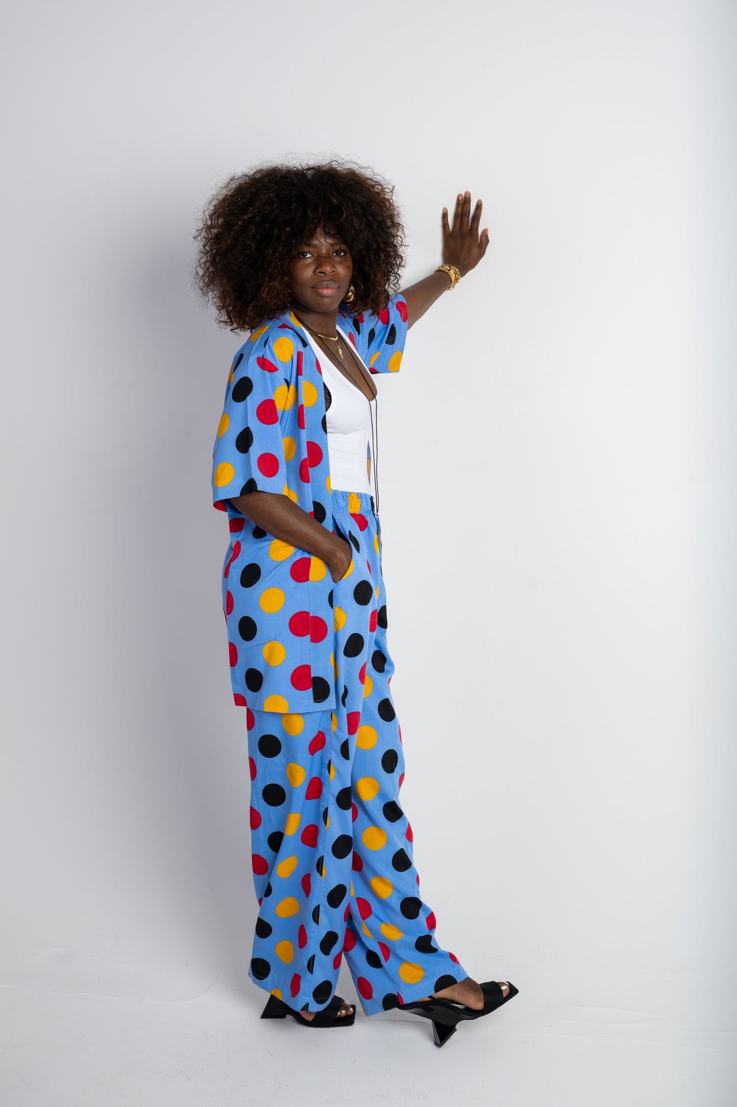 Polka Dot Two-Piece Set – Kimono Shirt & Wide-Leg Trousers