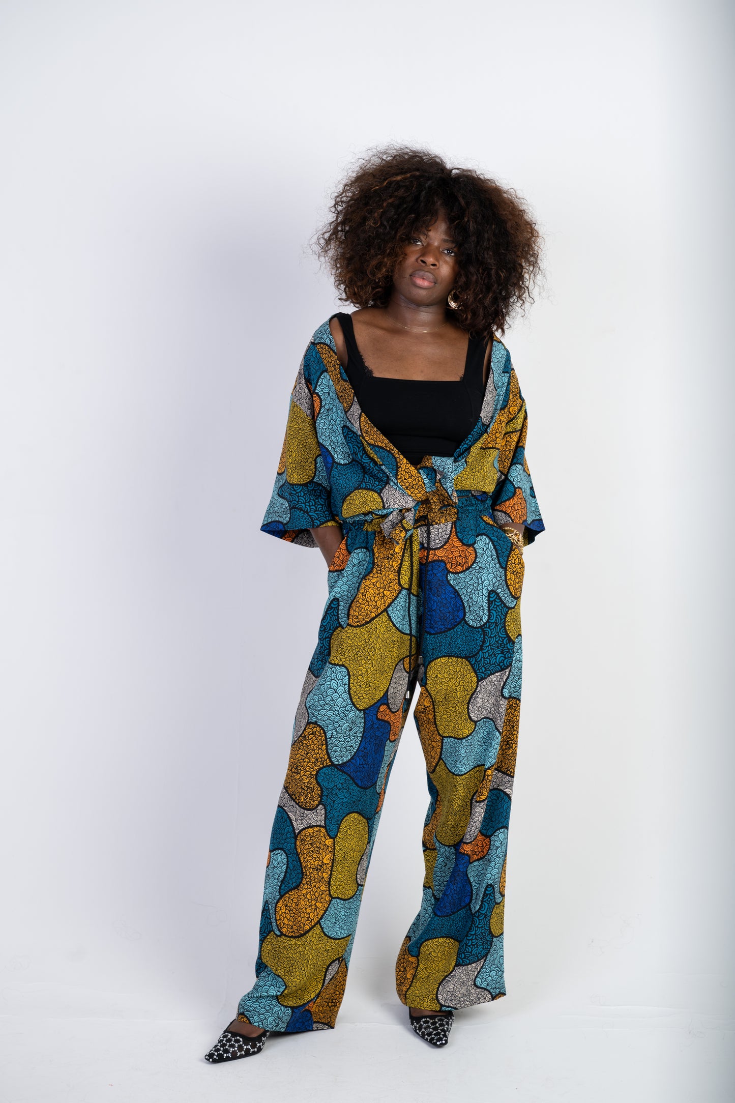 Abstract Print Two-Piece Set – Kimono Shirt & Wide-Leg Trousers