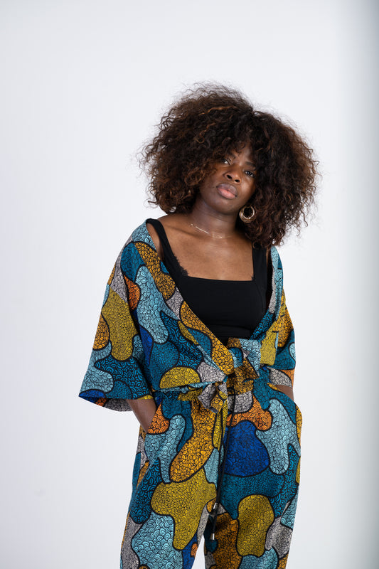 Abstract Print Two-Piece Set – Kimono Shirt & Wide-Leg Trousers