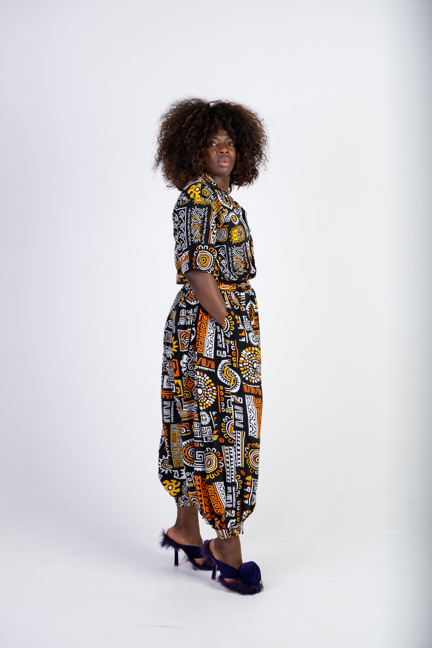 Tribal Print Two-Piece Set – Relaxed Shirt & Cropped Balloon-Leg Trousers