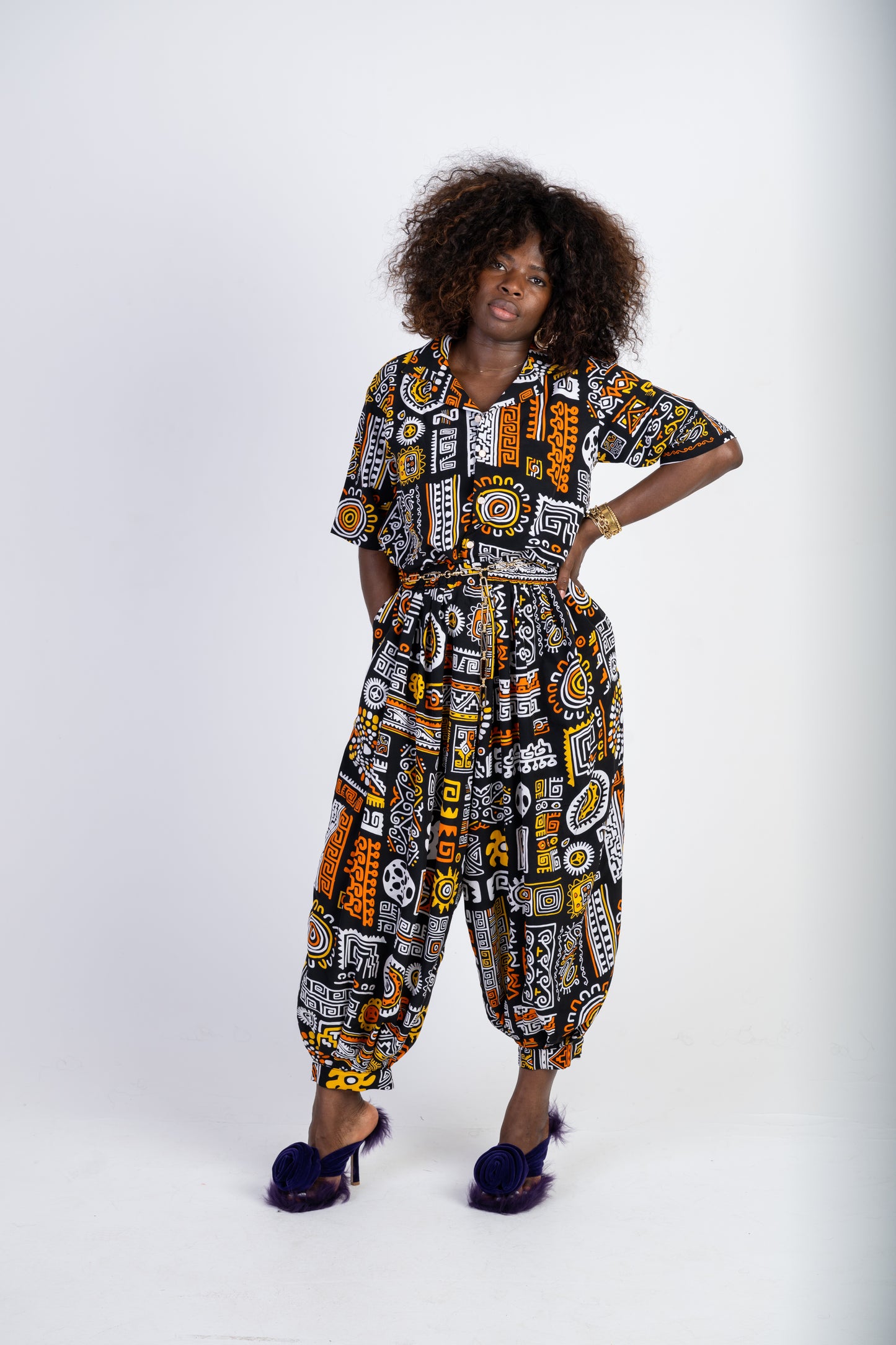 Tribal Print Two-Piece Set – Relaxed Shirt & Cropped Balloon-Leg Trousers