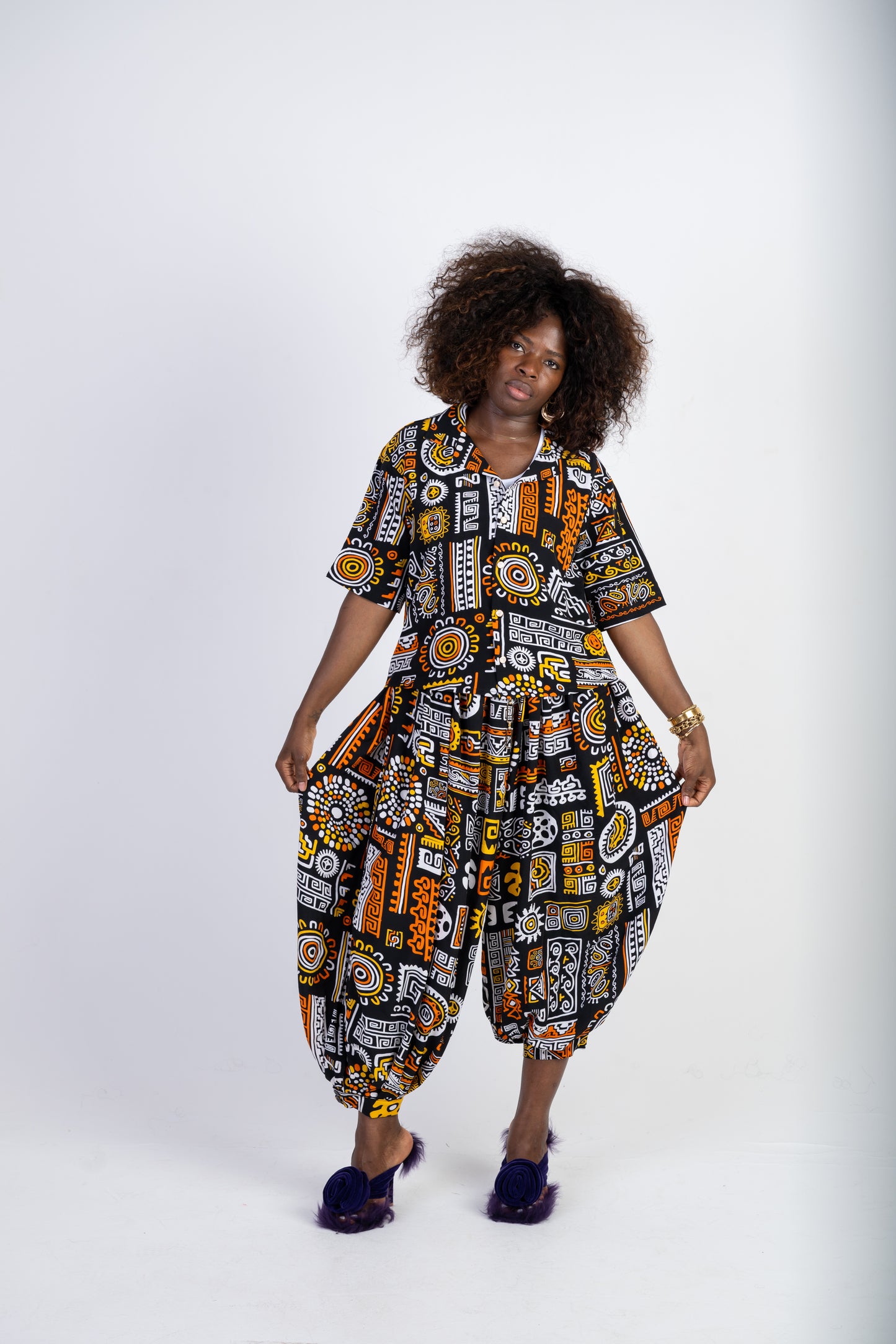 Tribal Print Two-Piece Set – Relaxed Shirt & Cropped Balloon-Leg Trousers
